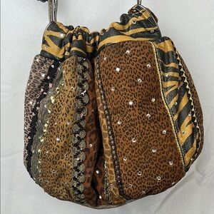 Rita Diana For Mylinka Vintage Brown Tan Animal Print with Crystals cinch bag